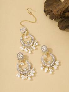 3件套奢华仿珍珠吊坠耳环+头链首饰套装，适合女士日常佩戴和女孩派对佩戴