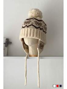 Fair Isle Knit Beanie Hat, Women's Winter Ear Warmer Ski Cap, Versatile Balaclava, Autumn/Winter Warm Knit Trapper Hat With Pom Pom, Retro Style