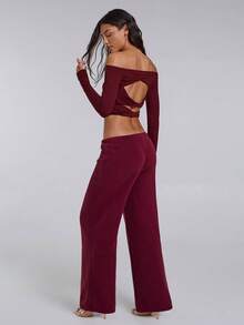 TypaGal 冬季秋季现代时尚新年派对复古优雅性感街头简约红色女士秋冬 Y2K 针织轻薄露肩 T 恤 - 酒紅色 - 查看 4