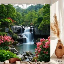 1pc Japanese Garden Waterfall Azalea Pond Shower Curtain Tranquil Flowing Water Rich Leaves 70.8x 70.8inch With - Nhiều màu - Xem 2