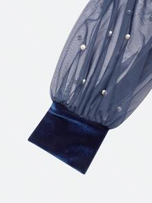 优雅丝绒连衣裙，网纱拼接，V领，正式晚礼服，藏蓝色网纱，仿珍珠，V领，长灯笼袖，修身中长裙