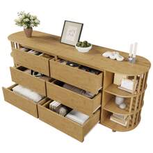 160cm Eiche Sideboard, Roman Design With Bamboo Columns And Shelves, 6 Drawers And Open Shelves, Height Adjustable Legs, H75/W160/D40 - 1 - View 10