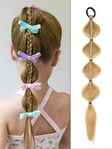 Synthetic Braided Ponytails Hair Extensions For Kids With Elastic Hair Band Hairpieces Natural Black/ Brown Fake Hair1pcs