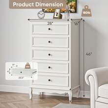 Dresser For Bedroom, Modern 5 Drawer Dresser With Solid Wood Legs And Painted Finish, Tall Chest Of Drawers, Wooden Storage Cabinet Organizer For Living Room, Nursery, Hallway, Entryway - 白色 - 查看 6