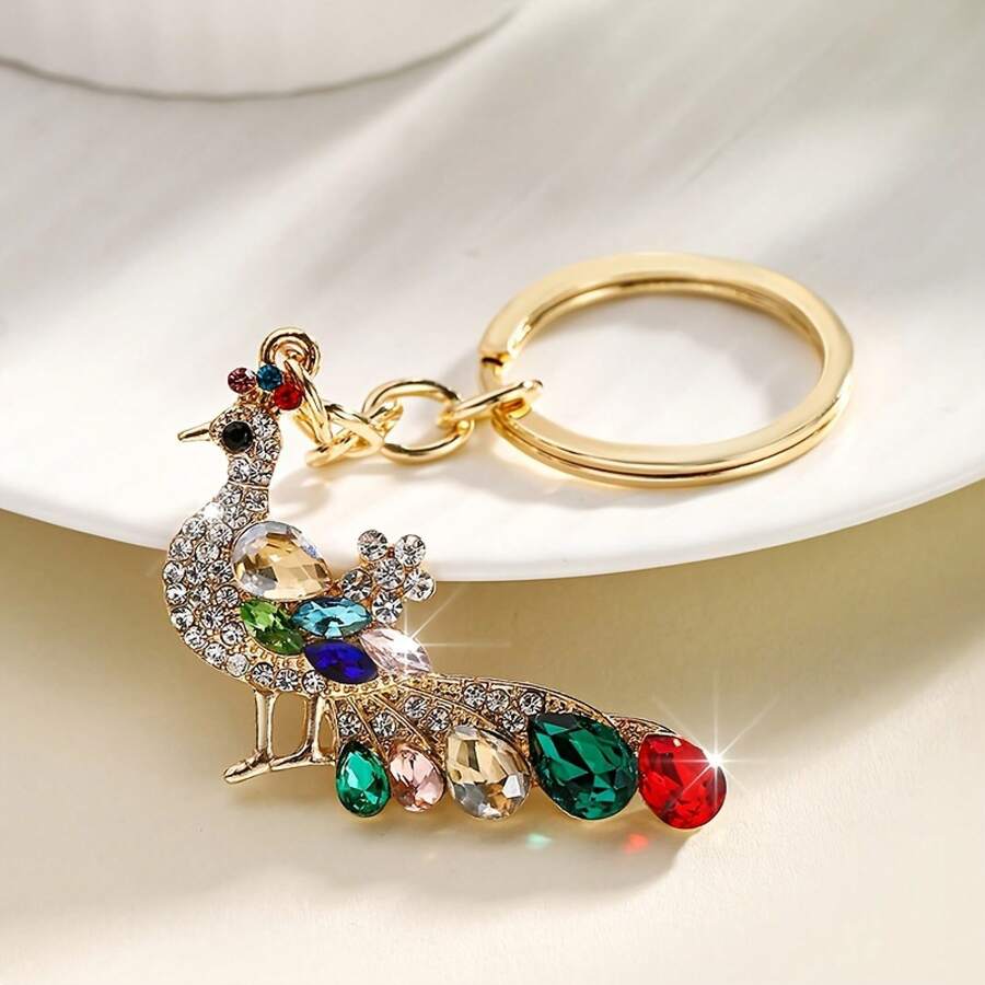 Luxury Peacock Keychain Bag Charm For Women, Korean Style Elegant Rhinestone Crystal & Glass Pendant, Fashionable High-End Handbag Accessory, Glamorous Gift - 金色 - 查看 1