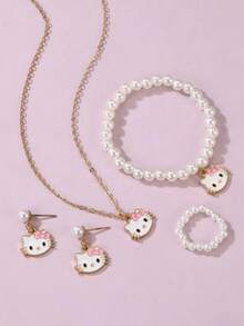 Sanrio 5pcs Faux Pearl Alloy Necklace, Earring, Bracelet,Ring, Pendant Jewelry Set