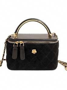 编织纹理手提包女士，Y 链带方形斜挎包，百搭海滩度假包，春夏 - 黑色 - 查看 10