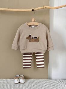 Bộ 2 áo nỉ dài tay thêu hình chó Dachshund dễ thương cho bé trai và bé gái, Xuân/Hè - màu nâu - Xem 6