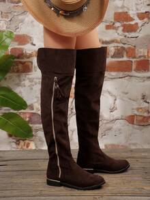 Women's 2025 Autumn/Winter New Tall Boots, Side Zipper Flat Boots With Metal Trim Thick Sole, Increased Height Stretch Faux Suede Shaft Expandable Tall Boots For Women - Coffee Brown - View 4