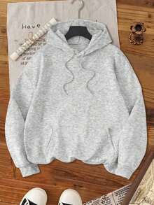 Una sudadera con capucha para mujer, de manga larga, con cordón y estampado de letras y dibujos animados, adecuada para otoño e invierno, camiseta de manga larga - Gris Claro - Ver 2