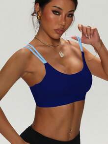 Women's Solid Color Round Neck Criss-Cross Removable Padded Fashionable Knit Sports Bra - Navy Blue - View 4