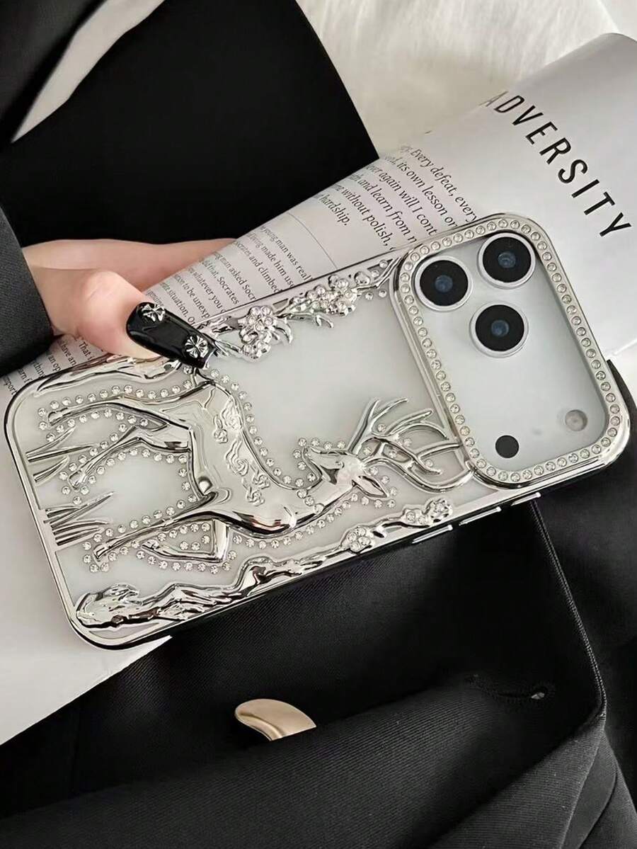 1 件时尚奢华新款水钻鹿创意防摔手机壳保护套适用于 iPhone11/12/13/14/15/16/17 Pro/Max 智能手机 - 銀色 - 查看 1