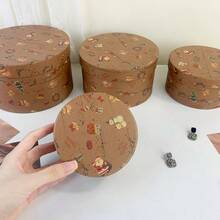 4pcs/Set Vintage Brown Round Christmas Element Storage Boxes, Christmas Tree & Gift Print, Multi-Layer Stackable, Gift Packaging Boxes - Brown - View 7