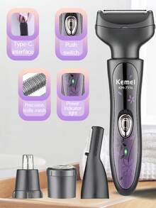 Kemei KM-7114 四合一女士电动剃须刀 - 比基尼修剪器、可充电电动剃须刀、私密毛发修剪器、个人护理器（适用于身体、鼻毛、耳毛、胡须、眉毛），完美去除面部毛发，USB Type-C接口 - 彩色 - 查看 4