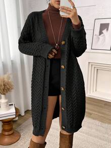 Plus Size Women's Solid Color Front Button Long Sleeve Casual Long Cardigan, Winter - Black - View 2