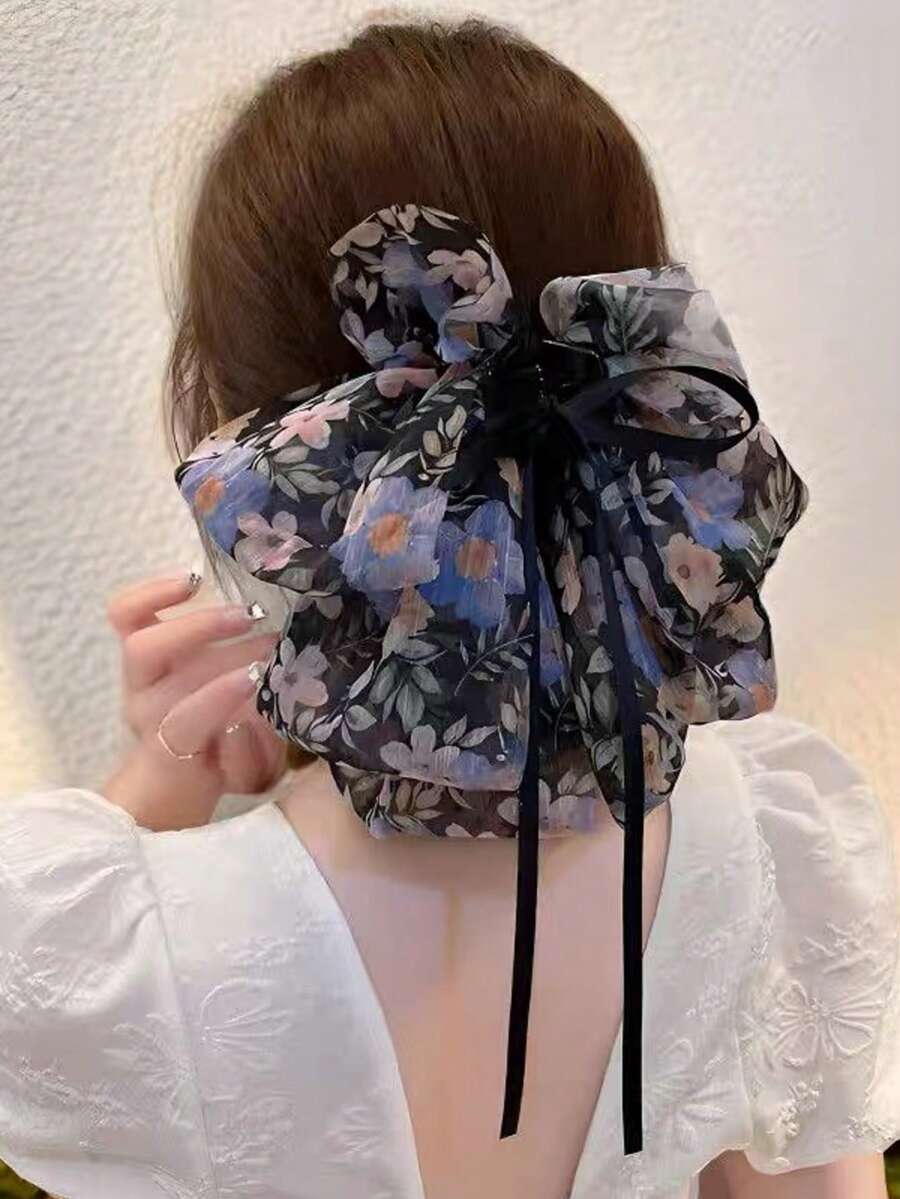 1 Pezzo Fermaglio per capelli grande da donna con stampa floreale bianca e nera, eleganti fermagli per capelli, accessori per capelli invernali, moda fermagli per capelli estivi