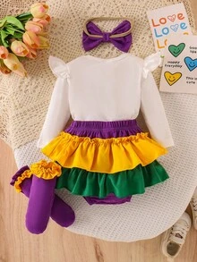 2pcs Baby Girls Cute Dopamine Color White Long Sleeve Bodysuit + Colorful Skirt Set, Autumn/Winter