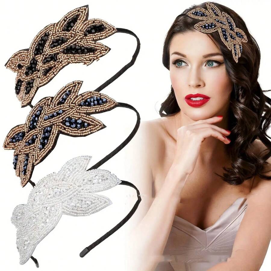 Handmade Rhinestone And Bead Hair Accessories - Elegant Vintage Leaf And Vine Hair Accessories With Black/White/Bead And Rhinestone Leaf Patterns, Wedding Prom Party Headpieces, Non-Slip Hair Accessories (No Feathers), Lace Headpieces, Elegant Headbands, Beaded Headbands, Vintage Headbands, Bohemian Headbands, Bow Headbands, Glamorous Headbands, Vintage Headbands, Women's Bow Headbands, Headband Bows, Knotted Headbands, Ruched Headbands, Bohemian Headbands, Tiara Headband, Pearl Headband, Triangle Headband, Paisley Headband, Tassel Headband, Bohemian Headband, Fashion Headband - Đen và Vàng - Xem 1