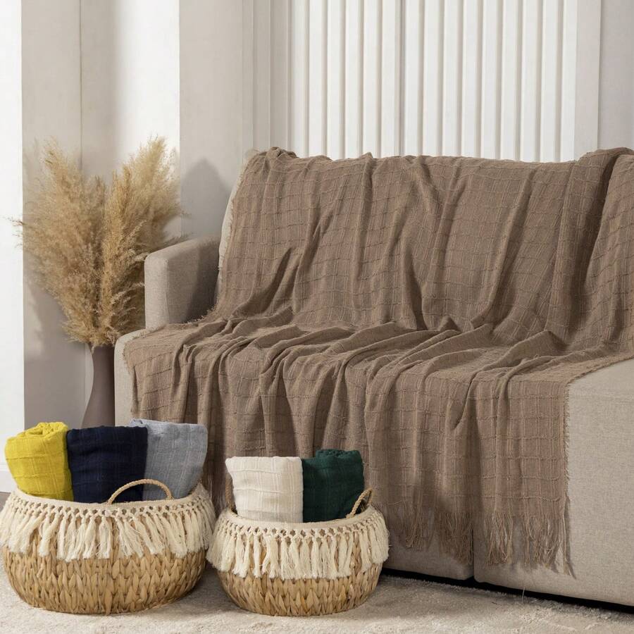 Premium Handmade Blanket 100% Cotton Large Sofa Cover Sofa Protector - 鏽棕色 - 查看 1