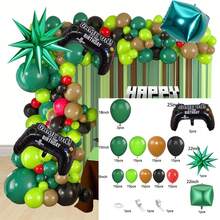139件像素游戏主题气球拱门套装，包含游戏手柄、爆炸星星、铝箔气球盒以及深绿、浅绿、黑色、棕色和红色乳胶气球。非常适合生日派对、游戏锦标赛、户外派对、矿工像素游戏主题派对。 - 彩色 - 查看 7
