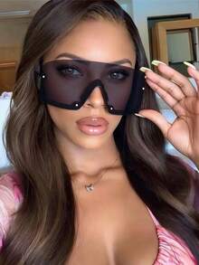 1pc Large Frame Studded Solid Shield Wrap Around Rimless Y2K Christmas Party Rock Street Chic Stylish Fashion Glasses, Fashionable Accessory For Autumn/Winter - Multicolor - View 7