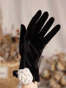 带山茶花图案的黑色天鹅绒手套，适合女士茶会服装/婚宴礼服、万圣节服装手套、圣诞节手套、特殊场合 1920 年代服装晚间歌剧手套 - 黑色 - 查看 13