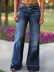 New Women's High Waisted Elastic Wide Leg Jeans, High-Quality, Fashionable, Casual And Comfortable Jeans, Suitable For Daily Wear - 藍色 - 查看 1