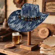 Adults Sequin Western Cowgirl Hats Fashionable Wide Brim Outdoor Denim Fedora Caps With Bead String - 深藍色 - 查看 2