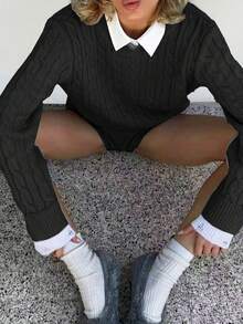 Solid Color Pocket Pullover Sweater & Shorts Set, Casual Autumn/Winter Outfit, Back To School, Women Teachers Uniform, Women's Outerwear, Women's Date Night Attire, Women's Business Casual Low-Waist, Korean Style, Basic Contrast Color Sweater, Halloween Sweater, Christmas Sweater, Women Office Wear Autumn/Winter - Black - View 5