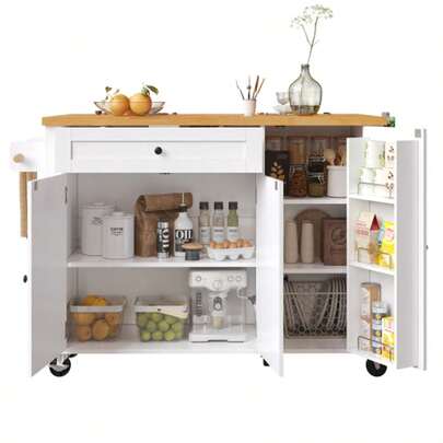 Kitchen Island, Cupboards, Sideboard, 99x70(40)X90 Cm, Extendable Kitchen Trolley With Wheels, With Towel Rail, Spice Rack, Door Shelves, Adjustable Shelves, Three Doors, One Drawer, We