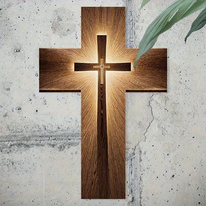 1件宗教木质十字架墙饰 - 20x30厘米，金色光环效果 - 适用于教堂、家居、办公室装饰、宗教装饰、教堂室内设计、家居点缀、节日装饰