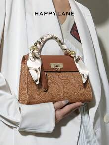 HAPPY LANE Fashionable Brown Patchwork Minimalist Style Handbag, Retro Vacation Vibe Shoulder Bag, Comes With Ribbon Accessory, Suitable For Business, Casual, Shopping, And School, Front Twist Lock Handbag, With Shoulder Strap, Crossbody Bag, Lightweight And Durable, Vintage Charm, Elegant And Unique Style For Women, Suitable For Any Occasion - Màu be - Xem 1