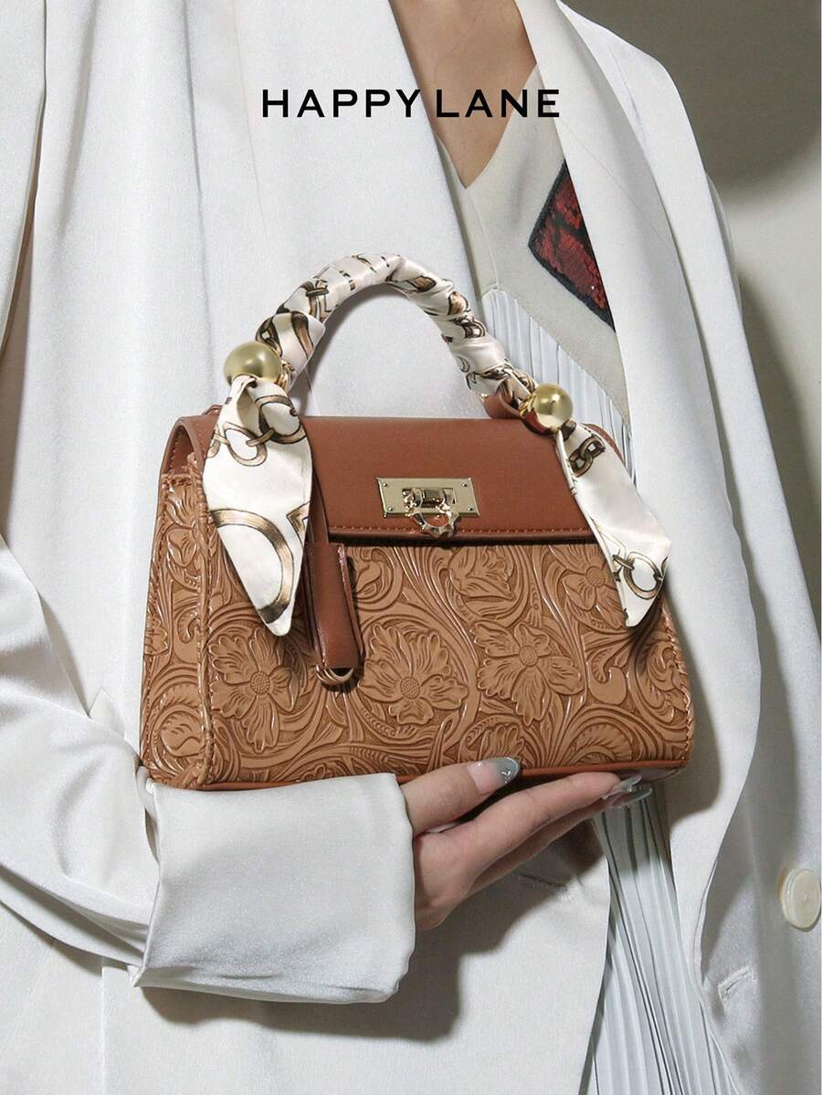 HAPPY LANE Fashionable Brown Patchwork Minimalist Style Handbag, Retro Vacation Vibe Shoulder Bag, Comes With Ribbon Accessory, Suitable For Business, Casual, Shopping, And School, Front Twist Lock Handbag, With Shoulder Strap, Crossbody Bag, Lightweight And Durable, Vintage Charm, Elegant And Unique Style For Women, Suitable For Any Occasion - Màu be - Xem 1