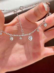 1pc Romantic S925 Sterling Silver Zirconia Heart Bracelet, Exquisite Jewelry Gift For Women, Girlfriend