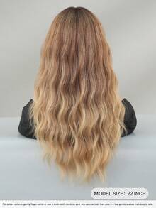 7JHH WIGS Ombre Brown Wig With Bangs For Women 22 In Long Wavy Brown Mixed Blonde Wig With Dark Roots Natural Curly Synthetic Resistant Fiber Wigs For Women Daily Party Use,Mother'sdaygifts - Brown Ombre - View 4