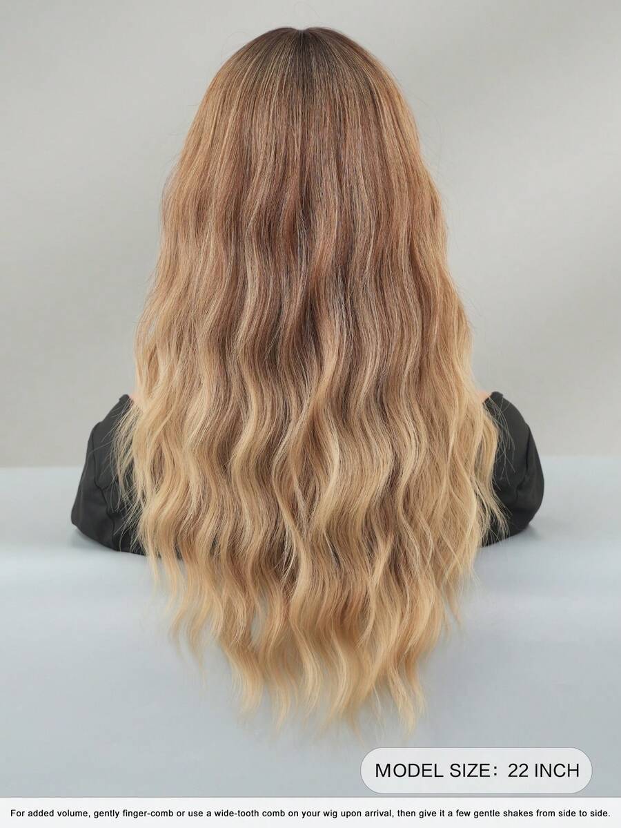 7JHH WIGS 22英寸渐变棕色波浪假发，带刘海，深色发根，自然卷曲合成纤维假发，经久耐用，适合日常佩戴、派对、母亲节礼物