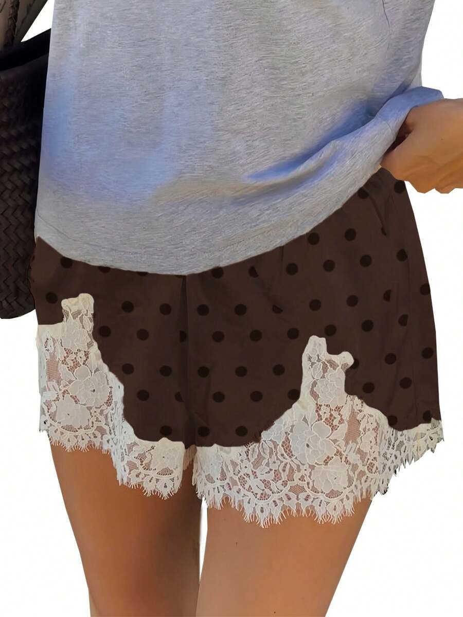 Women Y2k Satin Silk Lace Trim Shorts Polka Dot Lace Floral Patchwork Silky Slip Shorts Comfy Pajamas Bottoms Satin Pettipants French Knickers Casual Lounge Pj Silk Shorts - 棕色 - 查看 1