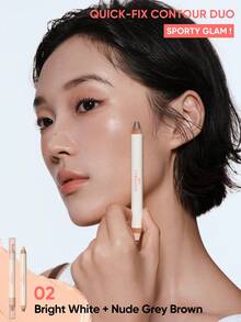 JUDYDOLL Quick-Fix Contour Duo 二合一高光阴影棒，轻松塑形，适合初学者，自然晕染，质地轻盈，持久 18 小时，呈现完美光泽 - 02 Bright White + Nude Grey Brown - 查看 2