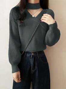 新款韩版不对称斜领灯笼袖宽松短款针织衫 - 灰色 - 查看 4