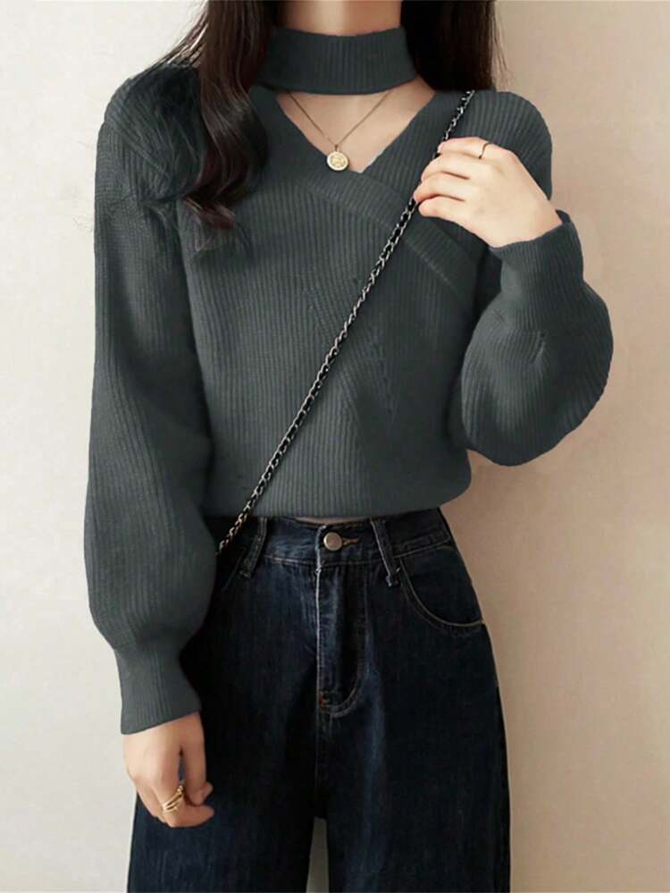 新款韩版不对称斜领灯笼袖宽松短款针织衫 - 灰色 - 查看 4