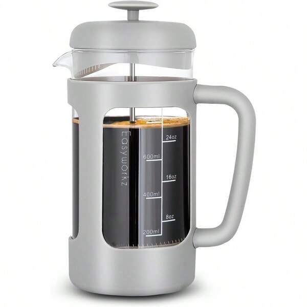 French Press 1000 Ml Coffee Tea Maker With Borosilicate GlassSoft Grip Handle Light Grey