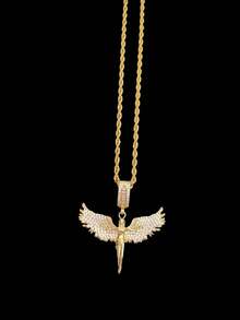 1pc Cubic Zirconia Angel Shaped Pendant & 1pc Stainless Steel Twisted Chain Necklace, Unisex Hip Hop Punk Pendant Necklace, Fashionable Vintage Jewelry, Suitable For Daily Wear Or Parties, Gift For Valentine - Yellow Gold - View 3