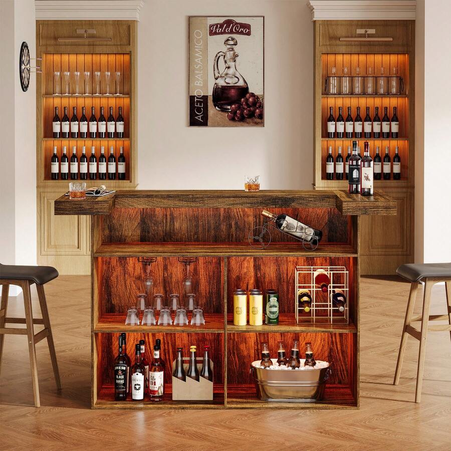 LITTLE TREE 4-Tier Bar Table, 70.9-Inch Large Wooden Home Bar Unit With Wine Glass Holder And Black Footrest, Pub Table With Storage Shelves For Home, Patio, Basement - Brown - View 1