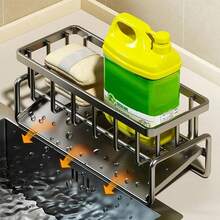 1pc Dish Cloth & Sponge Holder, Multifunctional Storage Rack With Drip Tray, Black Kitchen Sink Caddy Organizer, Rust-Resistant Drainage Stand, For Sponges, Brushes, Soap Dispenser, Home Organizers And Storage - Multicolor - View 7