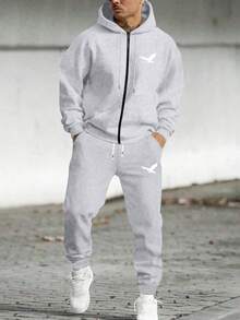 Bộ đồ nam mới về mùa xuân/thu: Áo khoác trùm đầu tay dài in họa tiết chim Y, quần thể thao thường ngày dáng rộng, có khóa kéo, túi, cạp chun, dây rút, dành cho nam, bộ đồ hai món - Nhiều màu - Xem 1