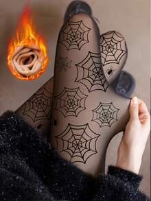 1pc Women's Spider Web Print Knitted Thick Leggings, Casual Daily Wear, Thermal Lined, Warm & Cozy