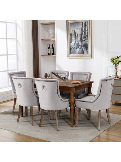 Luxurious Dining Stoel (Kitchen Chair, Living Room Pieces), Upholstered Nailhead Solid Wood Legs, Fluwelen Upholstery, Grijs view 3