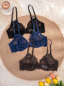 3pcs Women's Solid Color Lace Thin Cup Underwire Comfortable Bras - Multicolor - View 5
