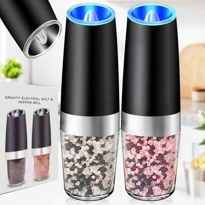 JIASLING 2pcs Gravity Electric Salt Pepper Grinder Set Battery Powered LED Light One Hand Automatic Operation Adjustable Thickness Grinding Vibrating Screen Black Kitchen Gadget Gift Ideas
