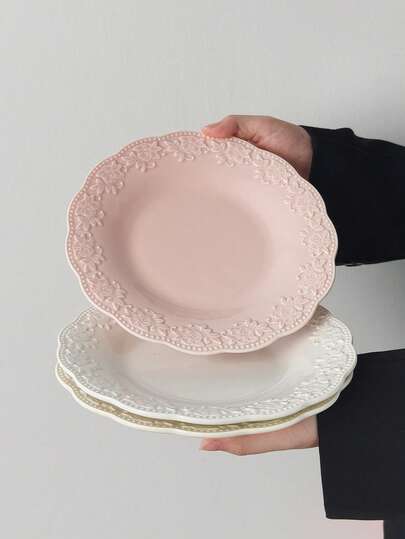 1pc/2pcs French Retro Embossed Breakfast Plate, Minimalist Dessert Plate, Salad Plate, Fruit Plate, Ceramic Cake Plate, Pasta Plate, Serving Dish